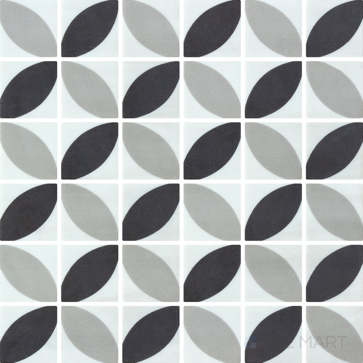 Flat-lay image of Onix Glass Icon Black 2-inch square Dahlia matte mosaic tile, showcasing a deep black shade with a contemporary matte texture.