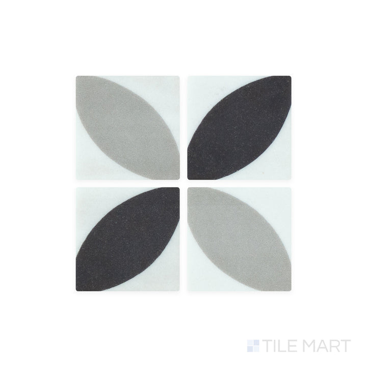 A close-up shot of Onix Glass - Icon Black 2" Square Dahlia Matte Mosaic tile highlights its dark, matte finish with a refined, understated texture for modern interiors.