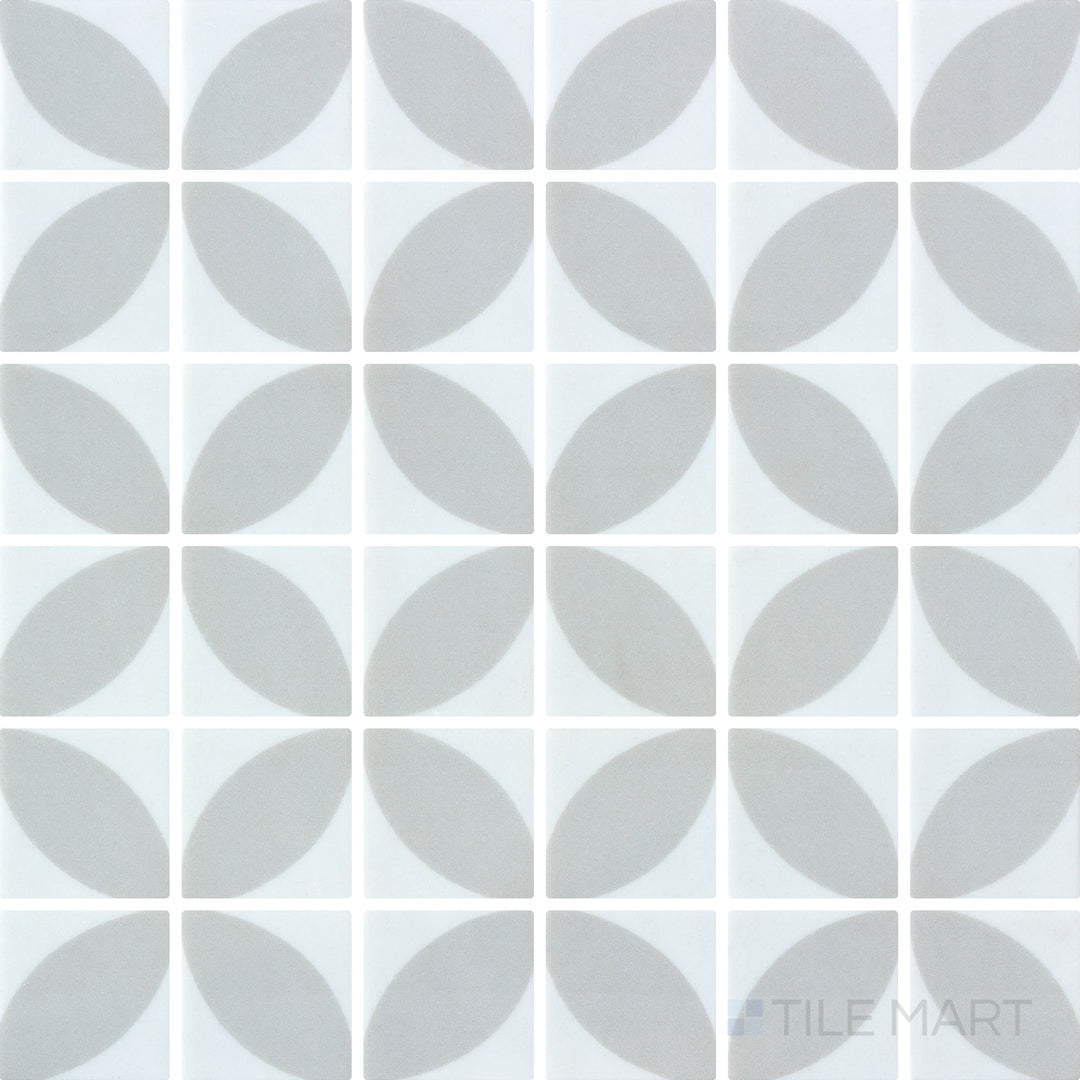 Flat-lay shot of Onix Glass Icon Light Grey 2-inch square Dahlia matte mosaic, offering a sophisticated neutral tone with a smooth finish.