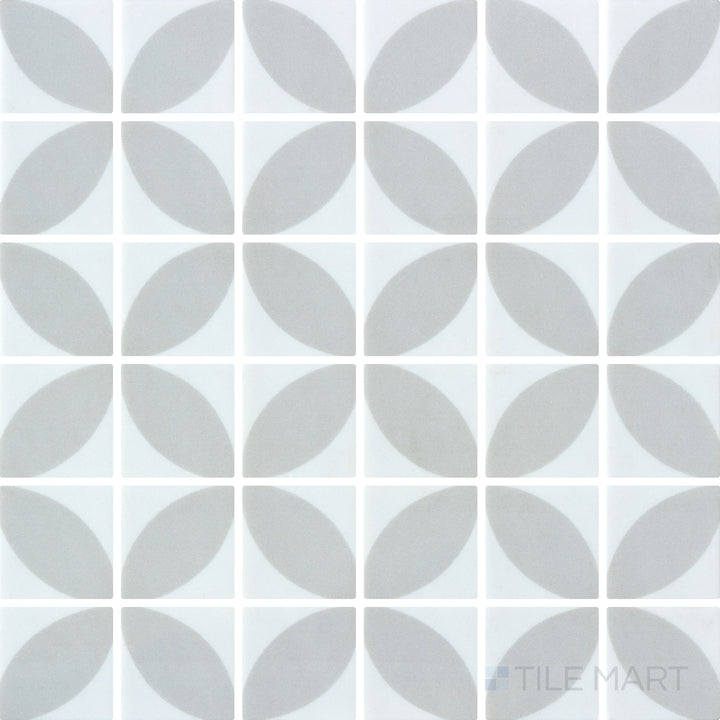 Flat-lay shot of Onix Glass Icon Light Grey 2-inch square Dahlia matte mosaic, offering a sophisticated neutral tone with a smooth finish.