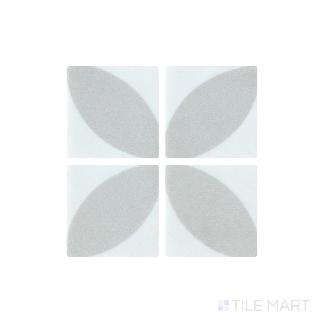 A finely detailed close-up of Onix Glass - Icon Light Grey 2" Square Dahlia Matte Mosaic tile emphasizes its muted grey hue and smooth matte surface, ideal for subtle, refined aesthetics.