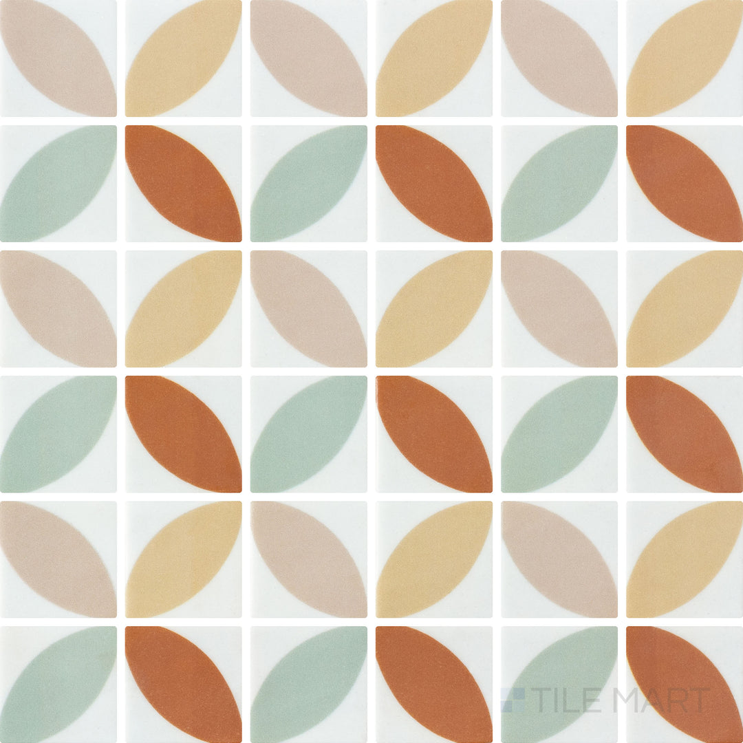 Overhead image of Onix Glass Icon Orange 2-inch square mosaic tile, enhanced by a Dahlia matte finish that brings a bold, vibrant touch.