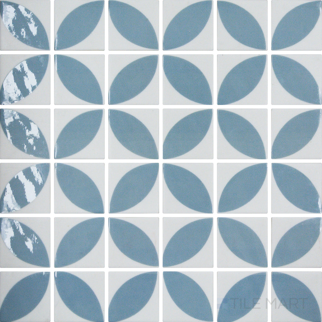 Top-down view of Onix Glass Icon Blue 2-inch square Dahlia gloss mosaic, featuring a rich blue shade with a glossy, reflective finish.