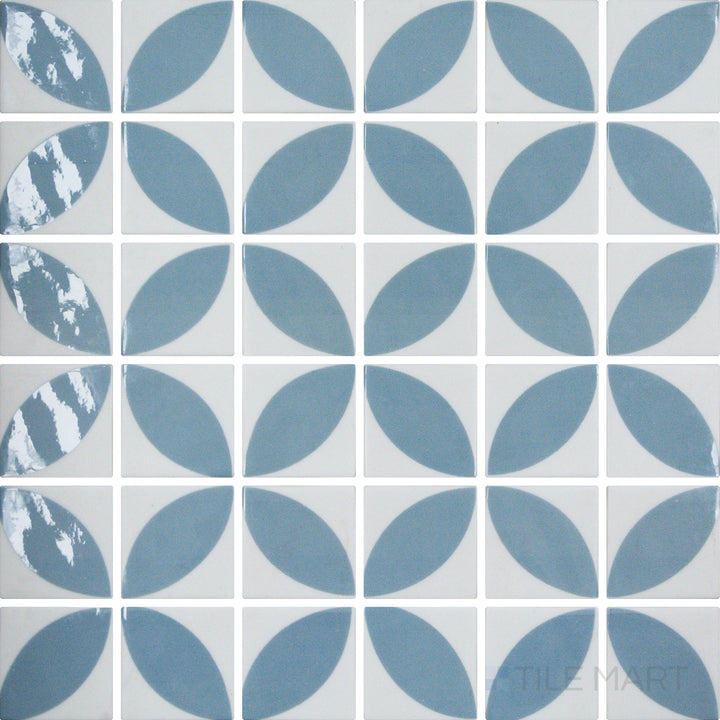 Top-down view of Onix Glass Icon Blue 2-inch square Dahlia gloss mosaic, featuring a rich blue shade with a glossy, reflective finish.