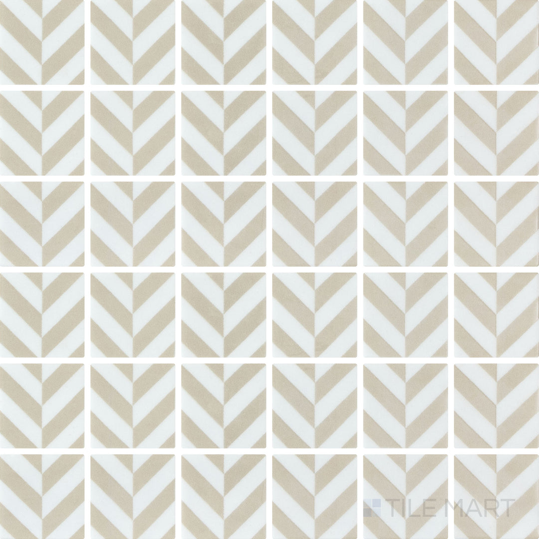 Overhead image of Onix Glass Icon Beige 2-inch square Chevron matte gloss mosaic, showcasing a mix of matte and glossy textures for a unique look.