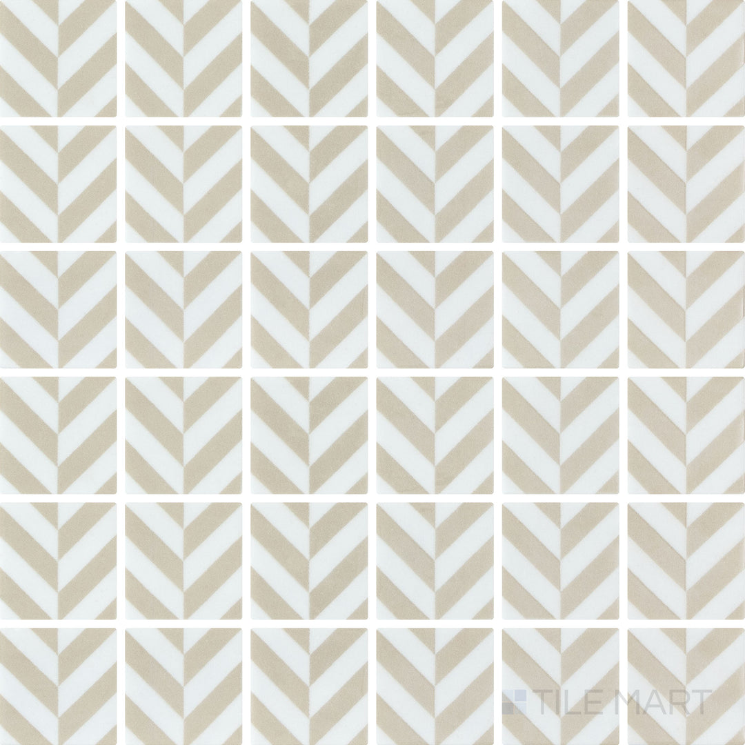 Overhead image of Onix Glass Icon Beige 2-inch square Chevron matte gloss mosaic, showcasing a mix of matte and glossy textures for a unique look.