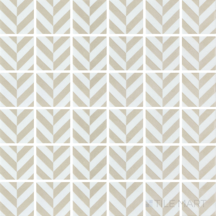 Overhead image of Onix Glass Icon Beige 2-inch square Chevron matte gloss mosaic, showcasing a mix of matte and glossy textures for a unique look.