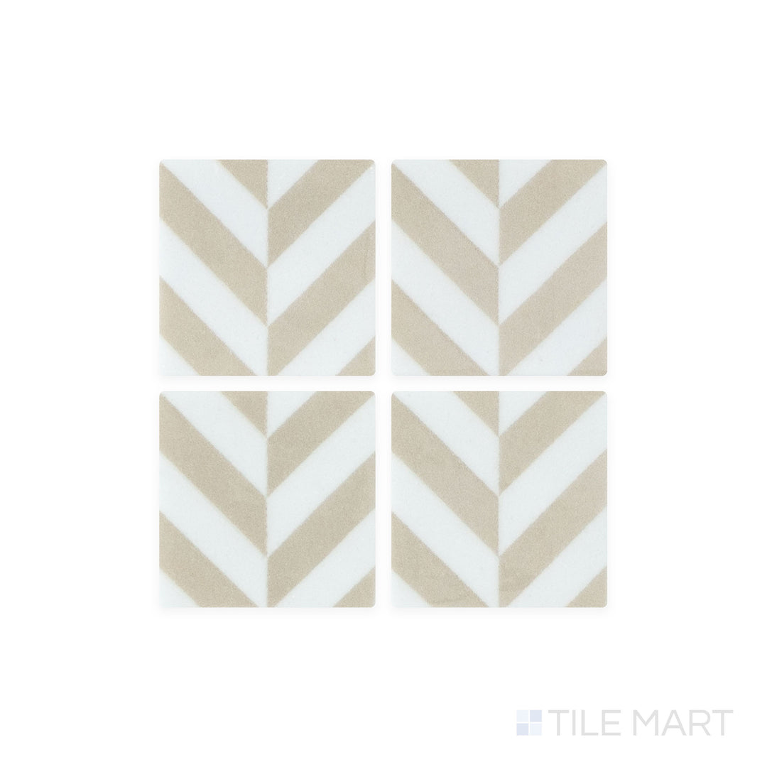 Zoomed in to showcase its fine texture, the Onix Glass - Icon Beige 2" Square Chevron Matte, Gloss Mosaic tile combines matte and glossy elements for a sophisticated finish.