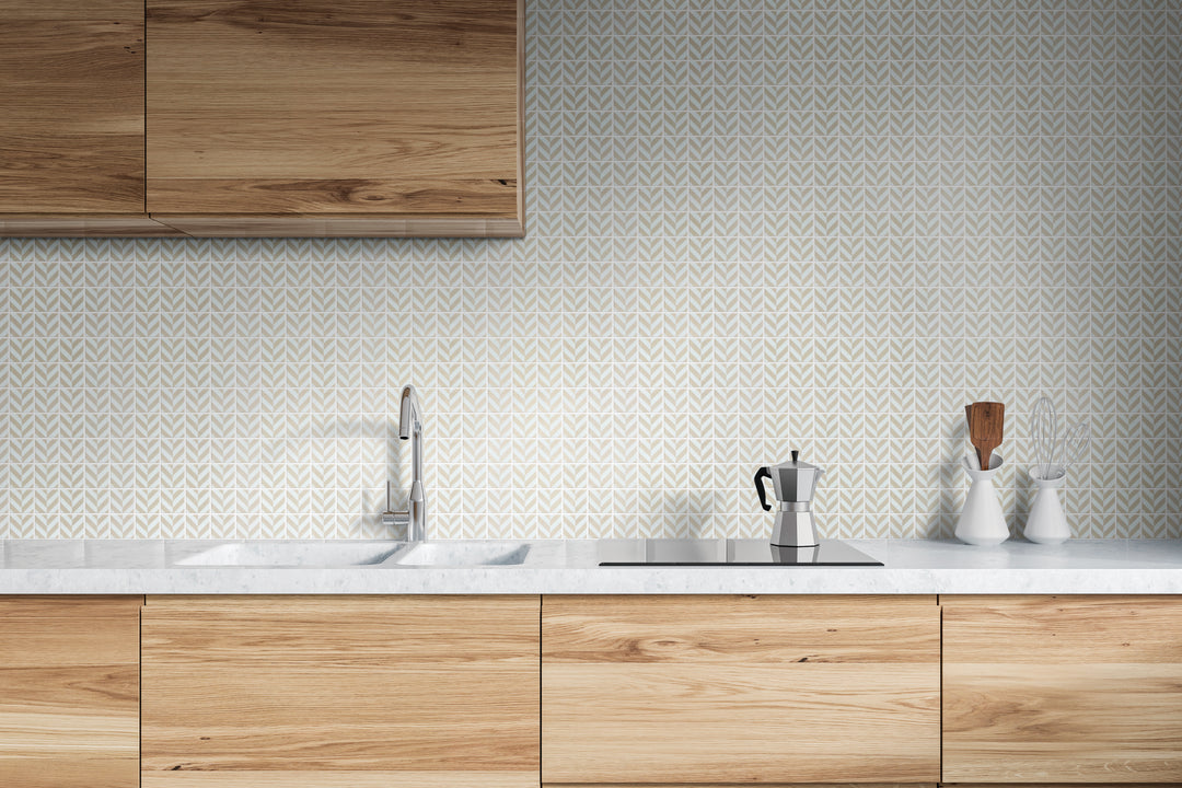 A refined and structured design with a classic touch, highlighted by Onix Glass - Icon Beige 2" Square Chevron Matte, Gloss Mosaic.