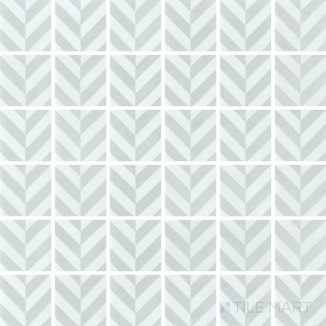 Top-view of Onix Glass Icon Light Grey 2-inch square Chevron matte gloss mosaic, featuring a dynamic blend of matte and glossy finishes.