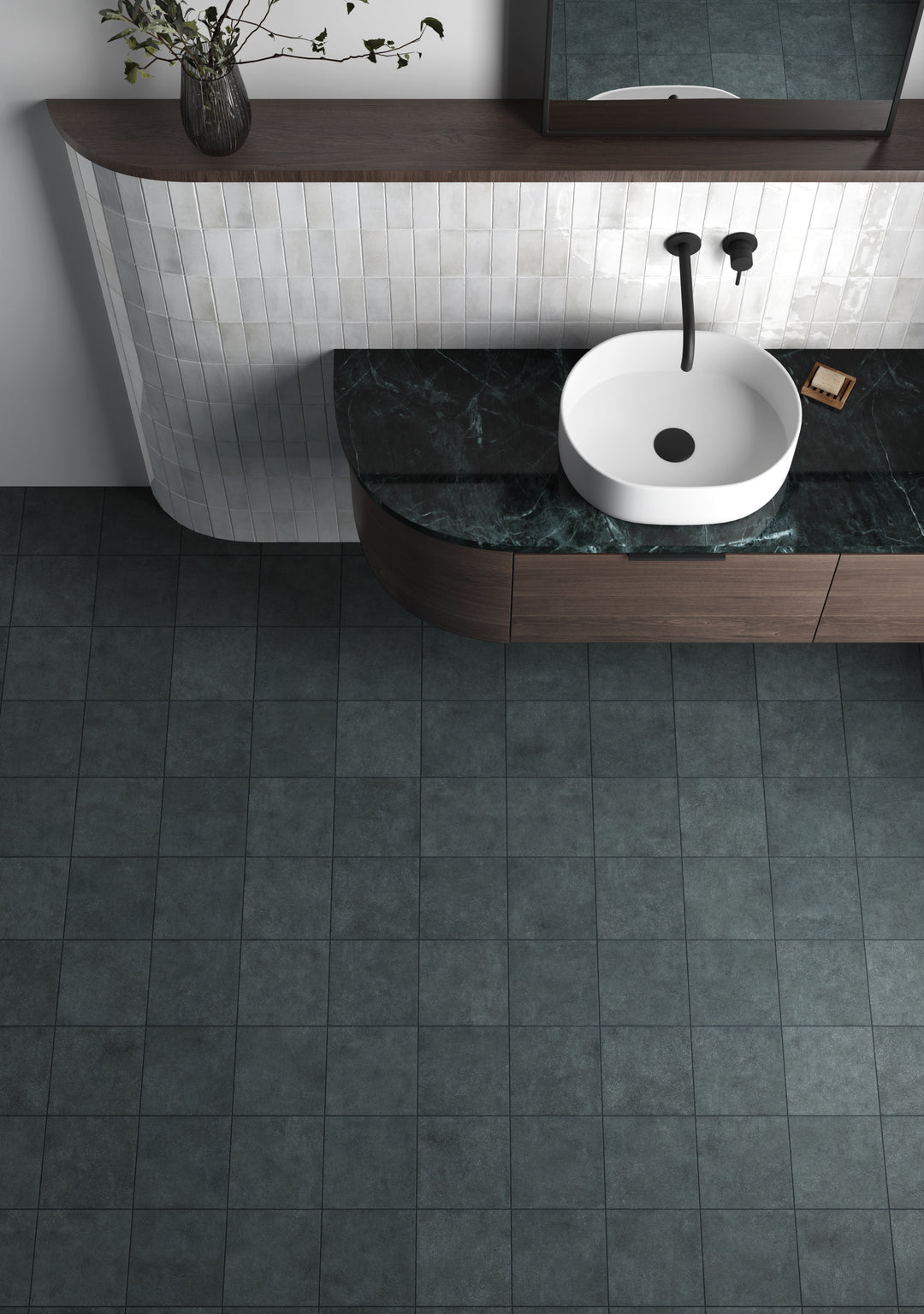 A deep denim blue with a matte finish, Stage Denim 4x4 porcelain tile adds a rich and modern touch to any space.