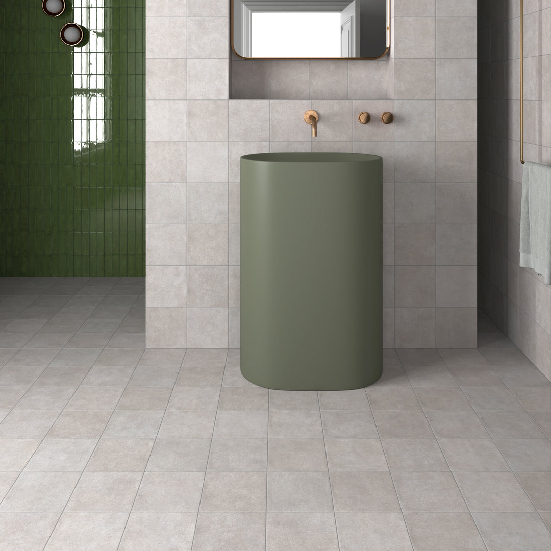 A neutral and sophisticated surface that blends effortlessly, highlighted by Stage Grey 4X4 Matte Porcelain.