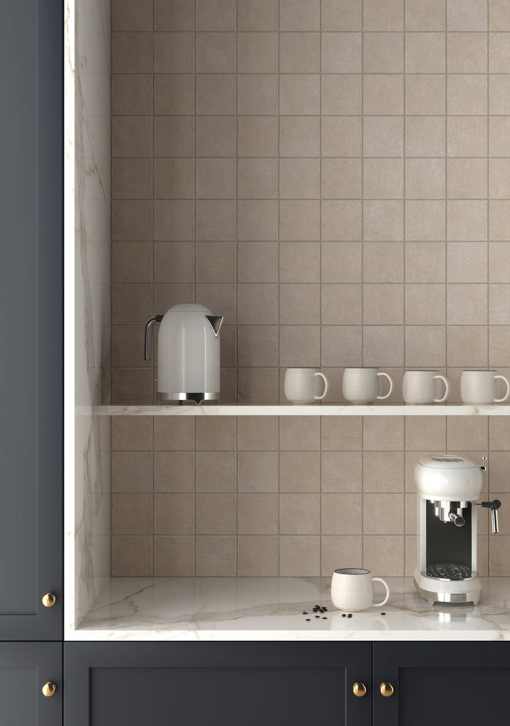 A soft and inviting tone that adds warmth and charm, featuring Stage Taupe 4X4 Matte Porcelain.