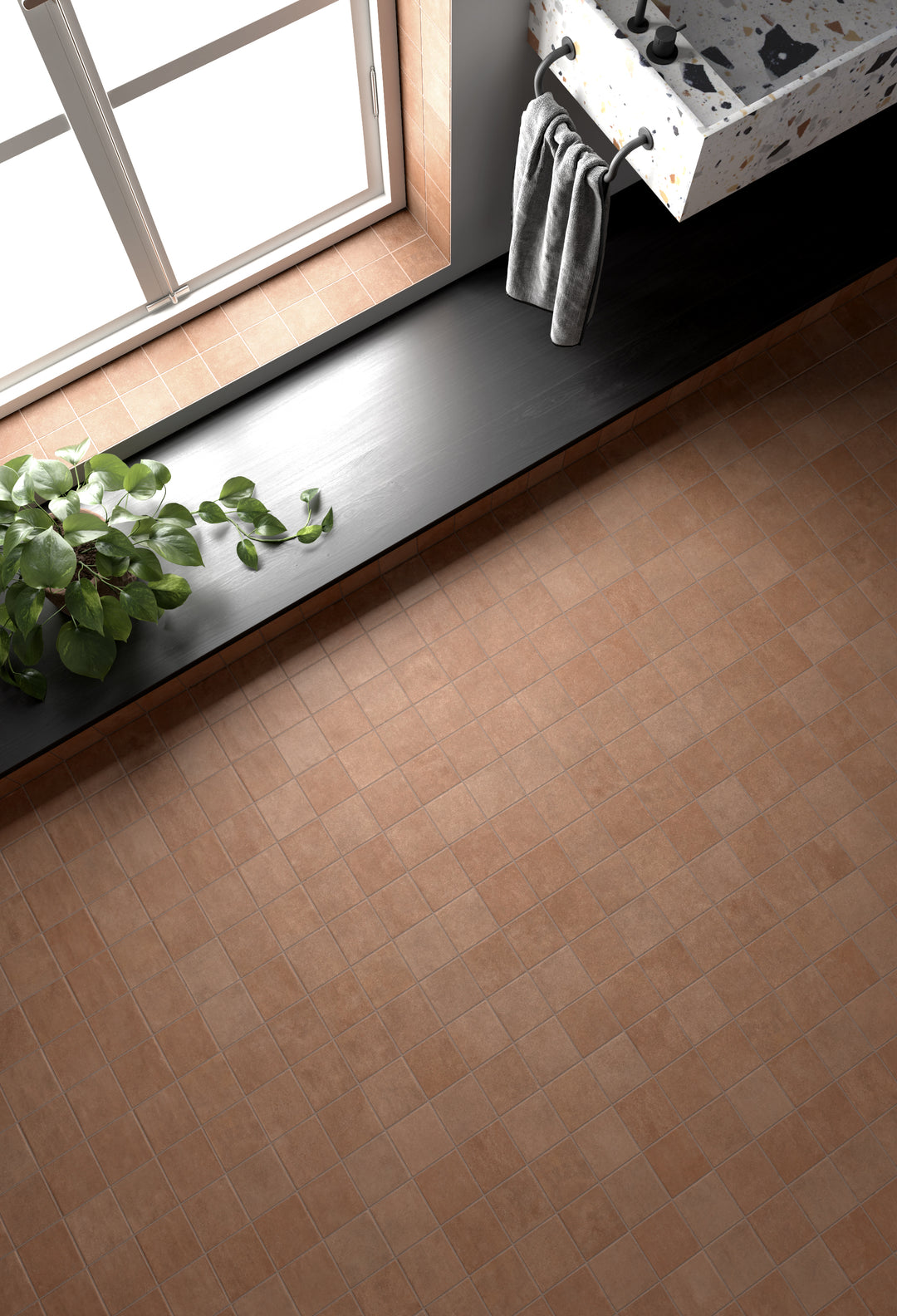 A warm and rustic-inspired interior with Stage Terracotta 4X4 Matte Porcelain, evoking a timeless Mediterranean charm.