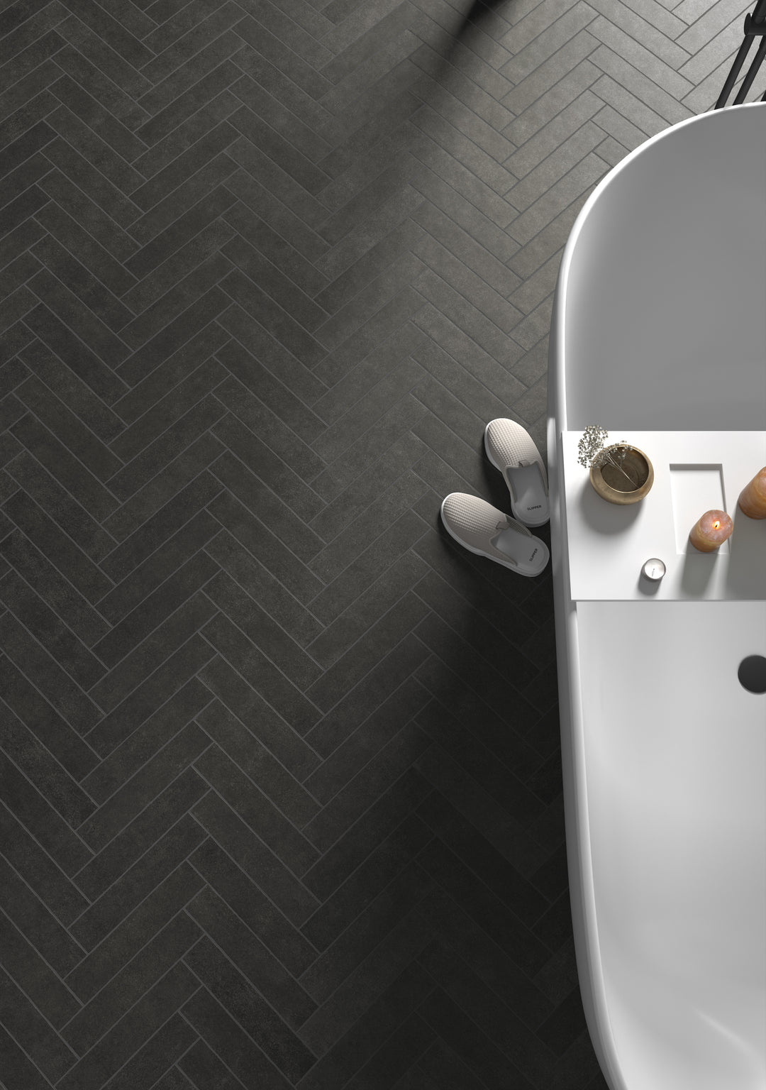 A bold and contemporary look that adds depth, highlighted by Stage Charcoal 2.5X12 Matte Porcelain.