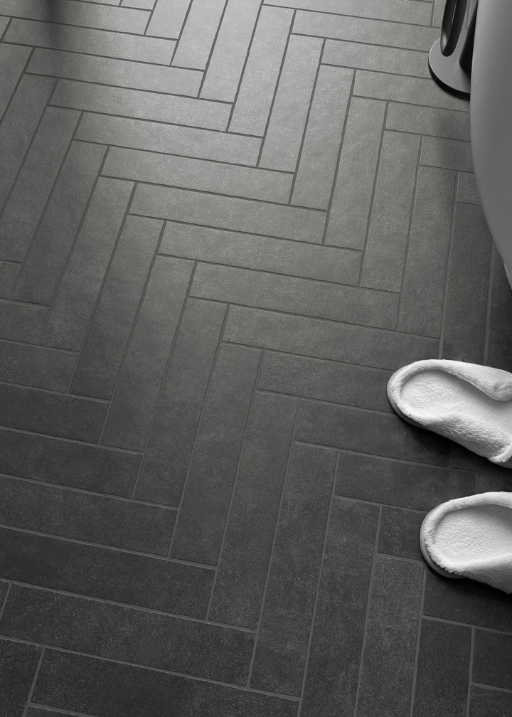 A bold and sleek design complemented by Stage Charcoal 2.5X12 Matte Porcelain, ideal for modern, industrial, or minimalist interiors.