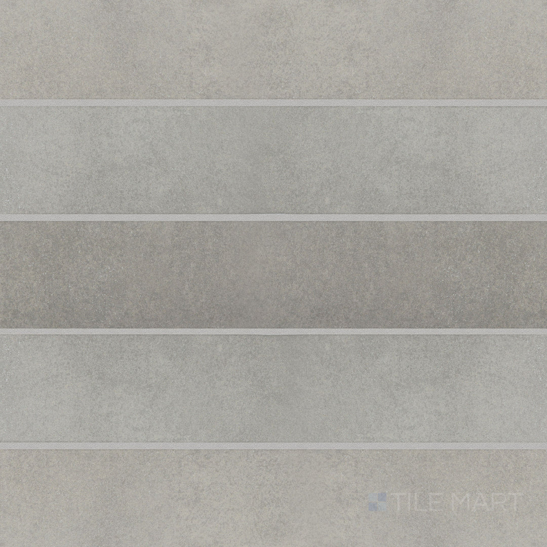 Top-down view of Stage Grey 2.5x12 matte porcelain tile, displaying a soft grey tone with a smooth matte surface for a sophisticated touch.