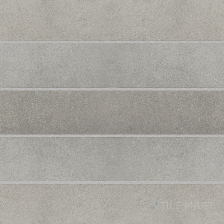 Top-down view of Stage Grey 2.5x12 matte porcelain tile, displaying a soft grey tone with a smooth matte surface for a sophisticated touch.