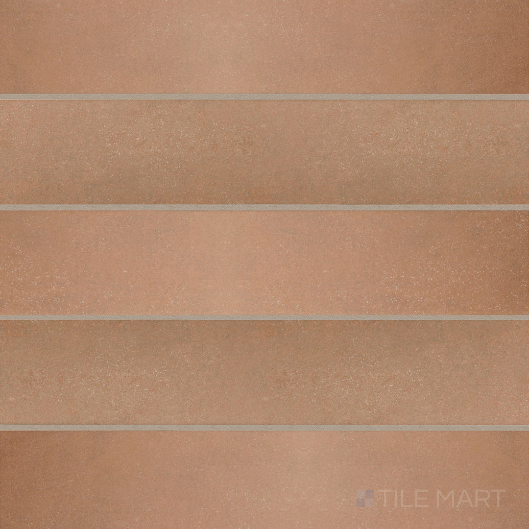 Top-view shot of Stage Terracotta 2.5x12 matte porcelain tile, displaying a warm terracotta tone with a matte texture for a rustic, cozy ambiance.