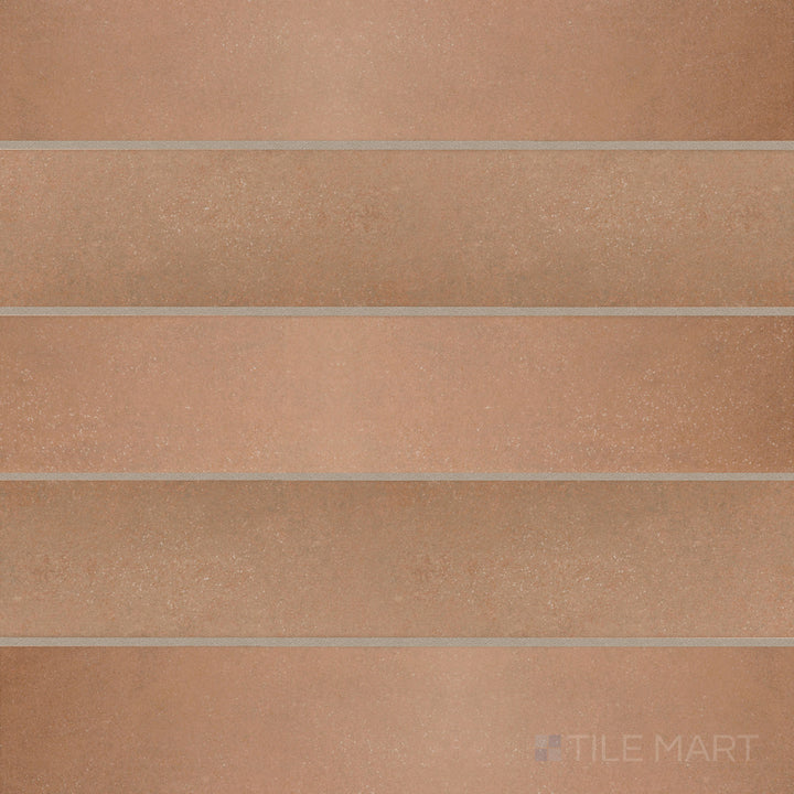 Top-view shot of Stage Terracotta 2.5x12 matte porcelain tile, displaying a warm terracotta tone with a matte texture for a rustic, cozy ambiance.