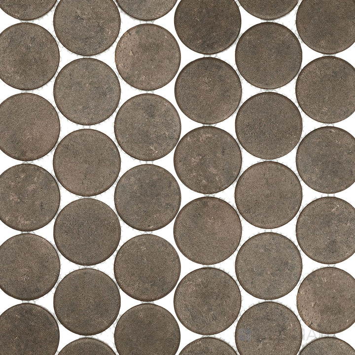 Stage Brown 2" penny round matte porcelain mosaic tiles shown in a full layout, highlighting their warm brown tone and consistent circular pattern across the surface.