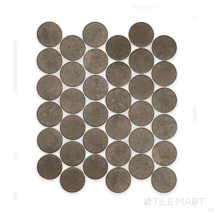 Flat view of a Stage Brown 2" penny round matte porcelain mosaic sheet, showcasing warm earthy tones and uniform circular layout.