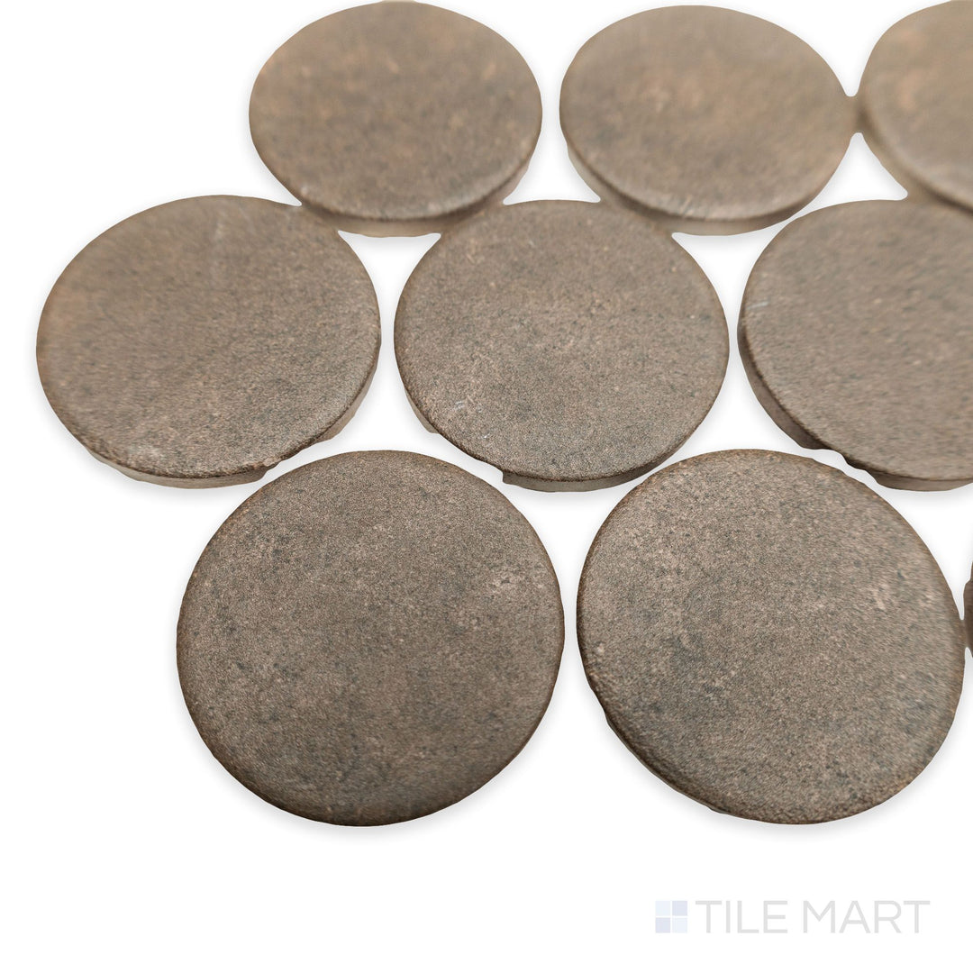 Corner angle of Stage Brown 2" penny round matte porcelain mosaic tile sheet, showing its earthy brown tones, circular layout, and slight grout depth.