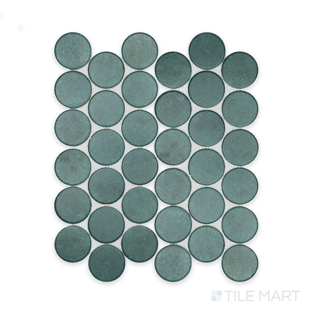 Top-down shot of the Stage Denim 2" penny round matte porcelain mosaic tile, highlighting its cool blue tone and precise penny round formation.