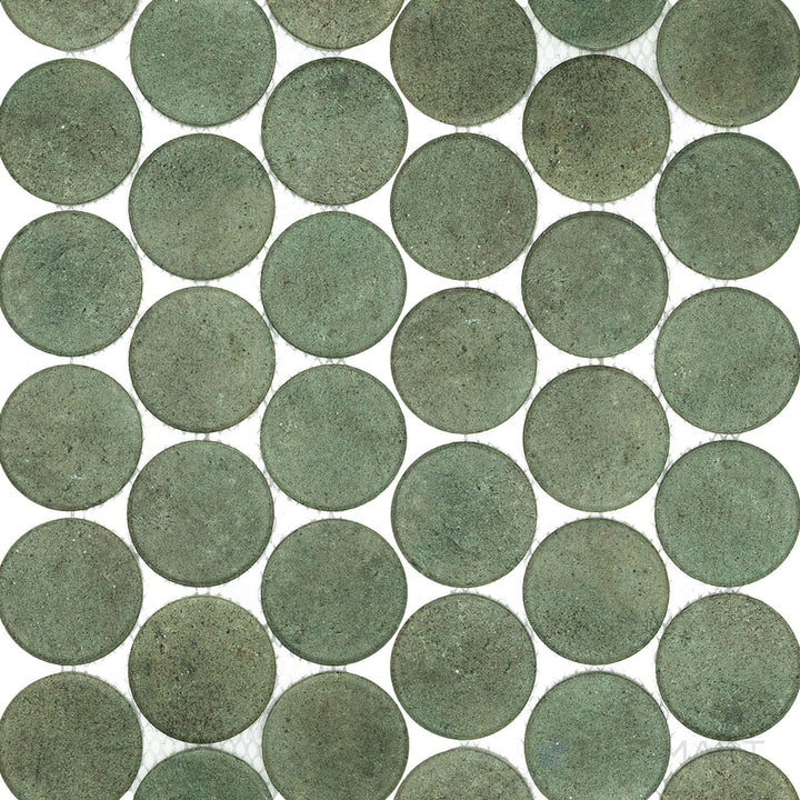 Stage Forest 2" penny round matte porcelain mosaic tiles laid out in a full overview, emphasizing their earthy green tone and modern circular shape.