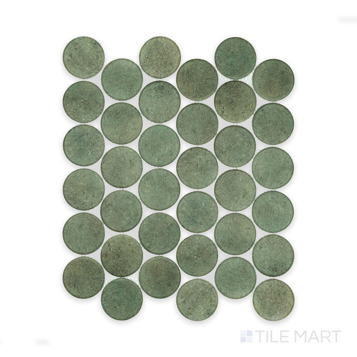 This image shows a single full Stage Forest 2" penny round matte porcelain mosaic sheet from the top, emphasizing its deep green coloring and classic circular layout.