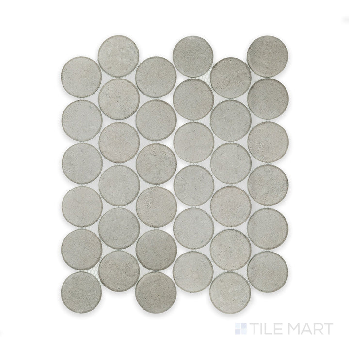 Stage Grey 2" penny round matte porcelain mosaic tile seen from directly above, capturing its neutral tone and evenly spaced round design.