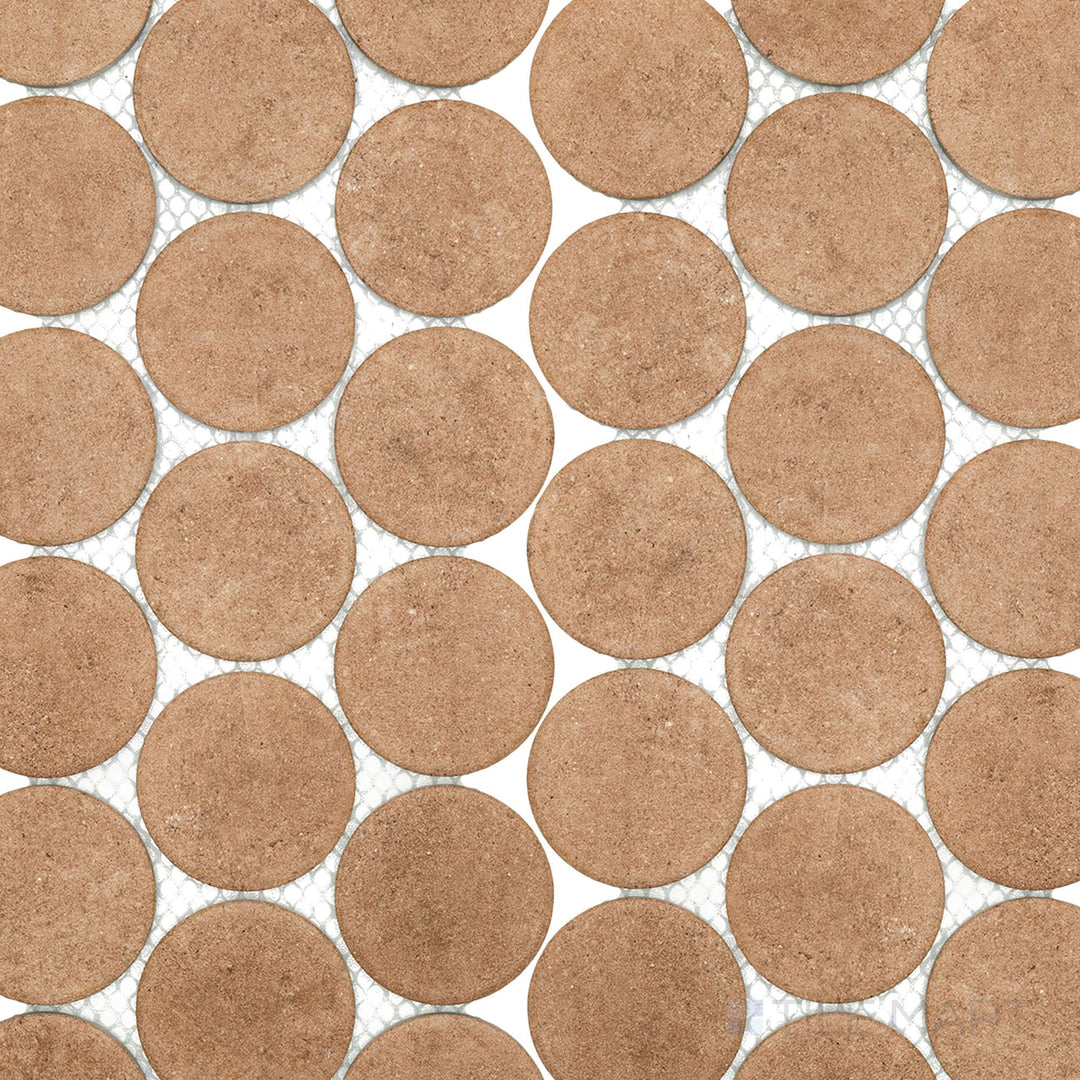 Overview image of Stage Terracotta 2" penny round matte porcelain mosaic tiles with rustic reddish-orange tones and consistent round geometry.