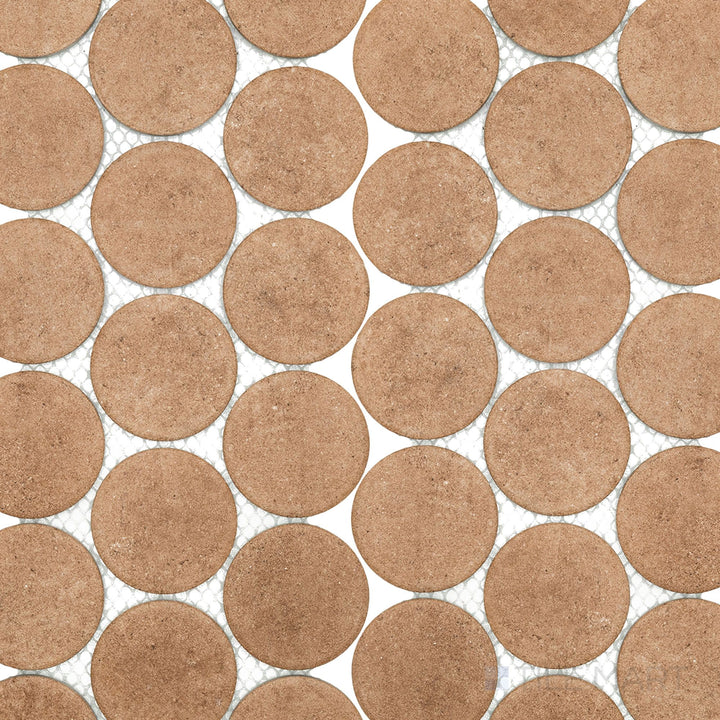 Overview image of Stage Terracotta 2" penny round matte porcelain mosaic tiles with rustic reddish-orange tones and consistent round geometry.