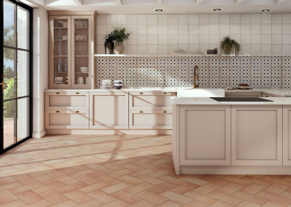 Fuego Blanco 9x9 matte porcelain tile featured in a real setting, emphasizing its soft white tone and subtle texture for a clean, neutral backdrop.