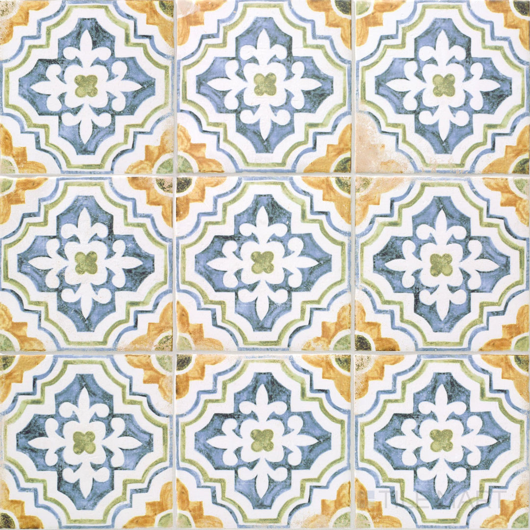 Overview of Fuego Huella Deco 9x9 matte porcelain tile with hand-crafted visual textures and natural earthy tones.