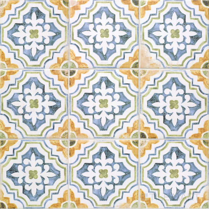 Overview of Fuego Huella Deco 9x9 matte porcelain tile with hand-crafted visual textures and natural earthy tones.