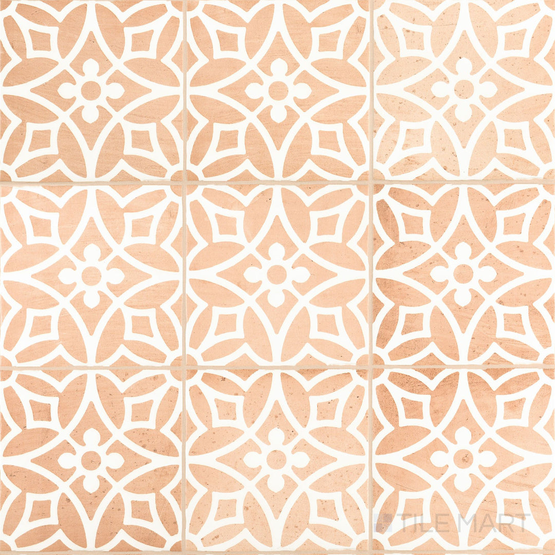 Overview of Fuego Era Deco 9x9 matte porcelain tile, featuring aged decorative motifs and a worn-in, rustic surface finish.