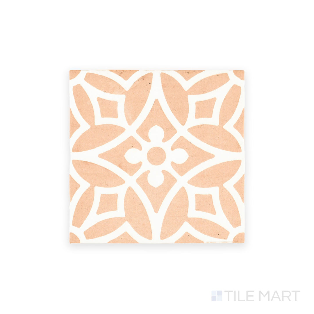 Photographed from above, the Fuego Era Deco 9x9 matte porcelain tile features antique-style design and earthy hues on a single square surface.