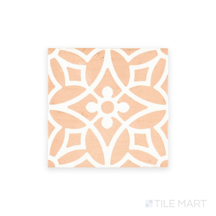 Photographed from above, the Fuego Era Deco 9x9 matte porcelain tile features antique-style design and earthy hues on a single square surface.