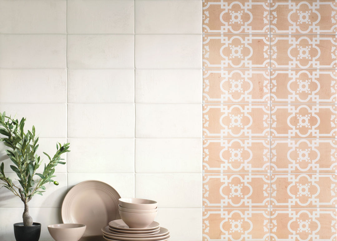 Fuego Era Deco 9x9 matte porcelain tile applied in a finished surface, featuring decorative motif, muted earthy hues, and aged ceramic charm.