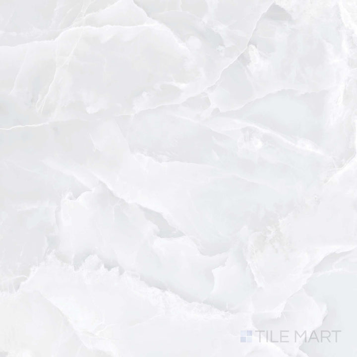 Overview of Soller Onyx Blanco 48x48 polished porcelain tile with a high-gloss surface and bright white onyx-inspired veining.