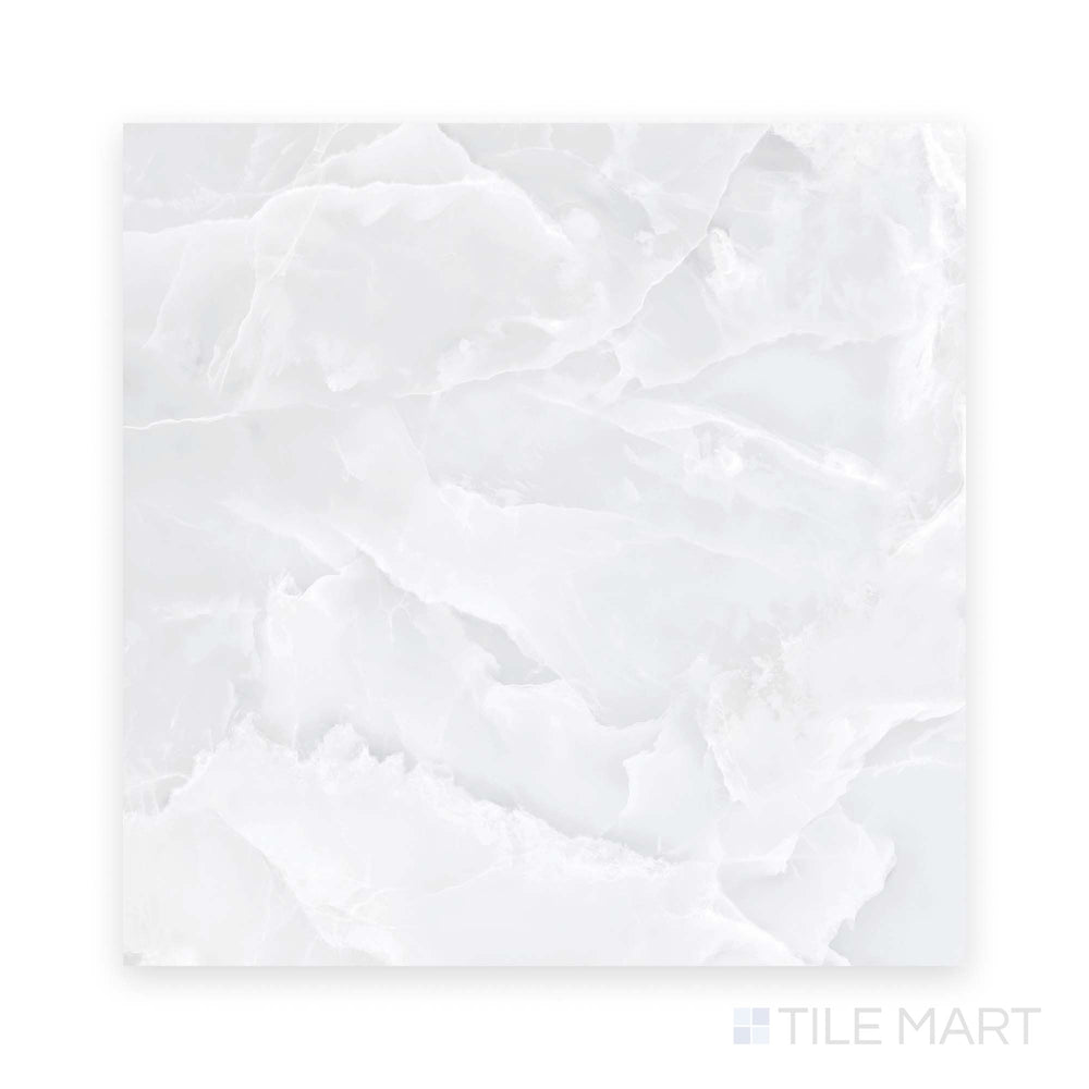 The Soller Onyx Blanco 48x48 polished porcelain tile is shown from above, highlighting its expansive white marble look and reflective polished finish.