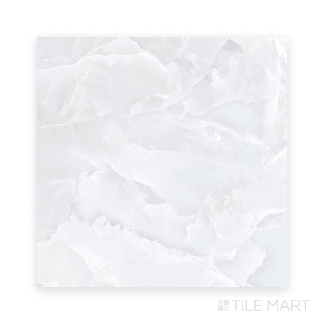 The Soller Onyx Blanco 48x48 polished porcelain tile is shown from above, highlighting its expansive white marble look and reflective polished finish.