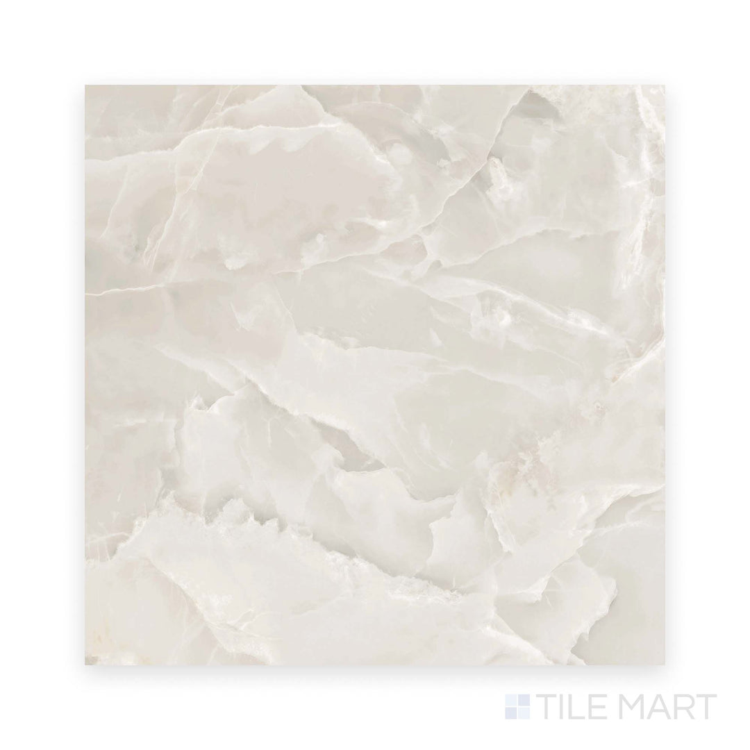 Viewed from the top, this Soller Onyx Marfil 48x48 polished porcelain tile displays elegant ivory veining with a high-gloss sheen.