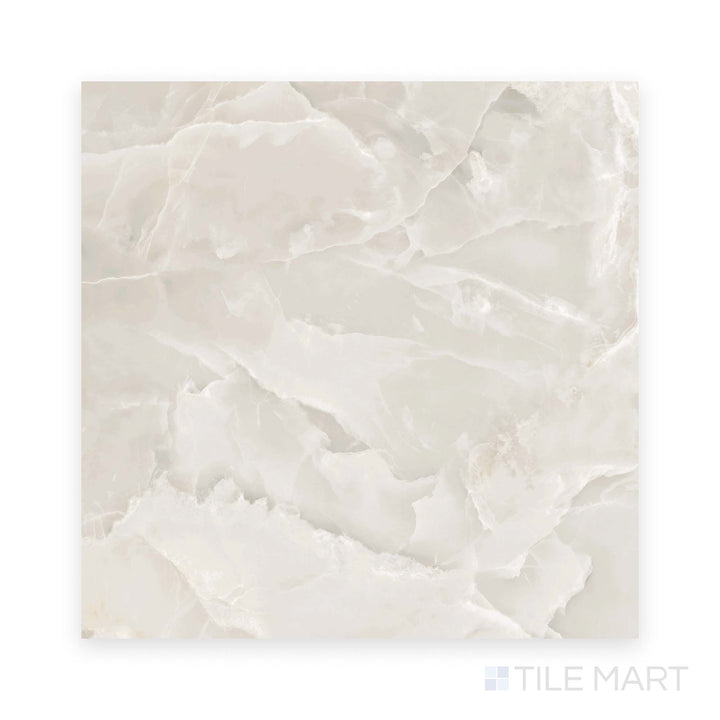 Viewed from the top, this Soller Onyx Marfil 48x48 polished porcelain tile displays elegant ivory veining with a high-gloss sheen.