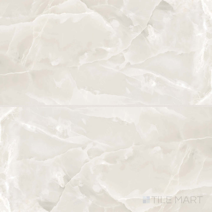 Overview of Soller Onyx Marfil 24x48 polished porcelain tile with smooth polished texture and warm ivory-toned onyx veining.