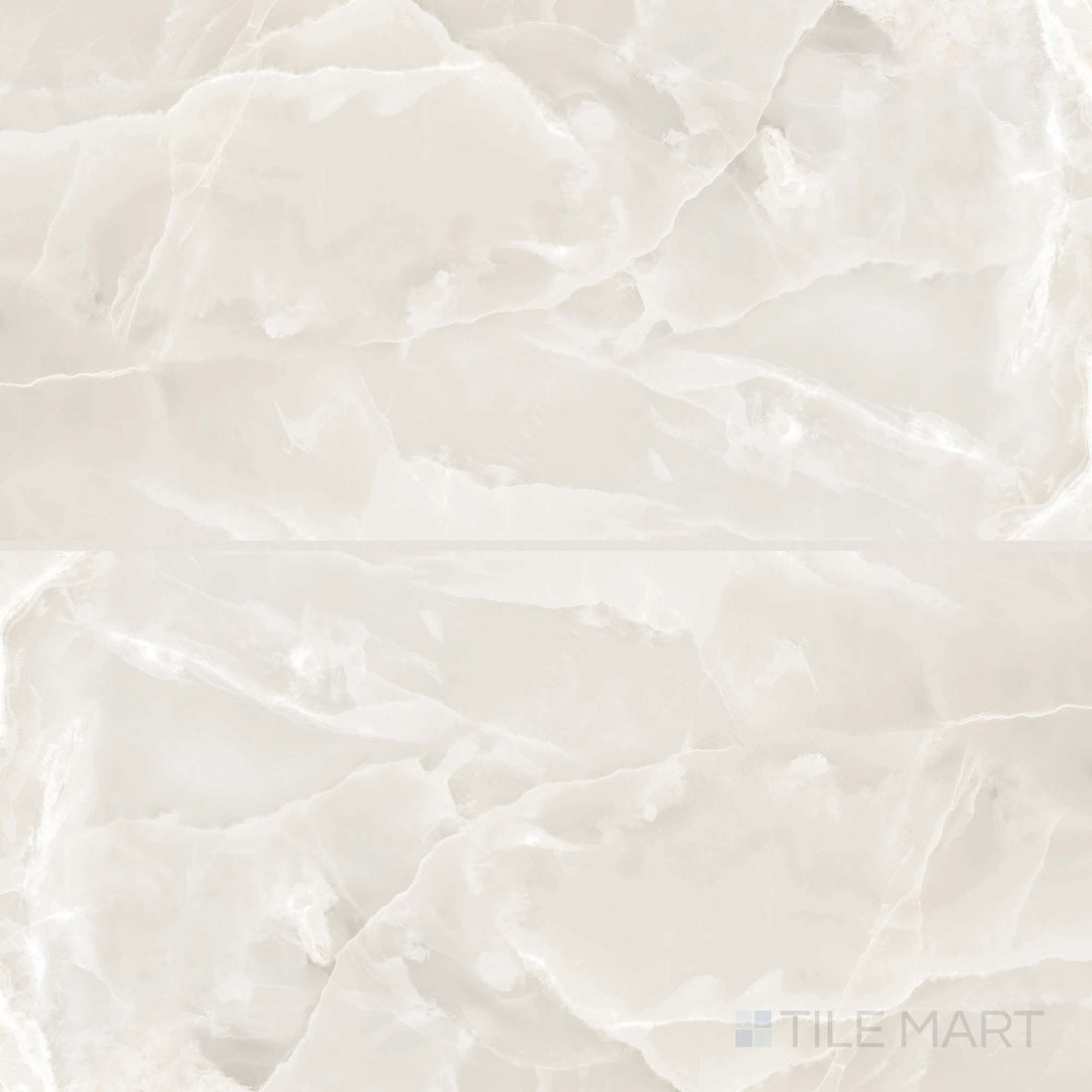 Overview of Soller Onyx Marfil 24x48 polished porcelain tile with smooth polished texture and warm ivory-toned onyx veining.