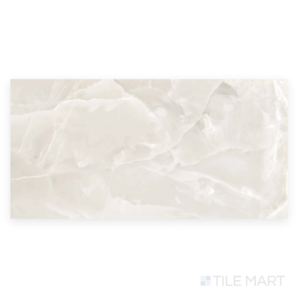 This image features a single Soller Onyx Marfil 24x48 polished porcelain tile from above, with creamy marble tones and a glossy polished finish.