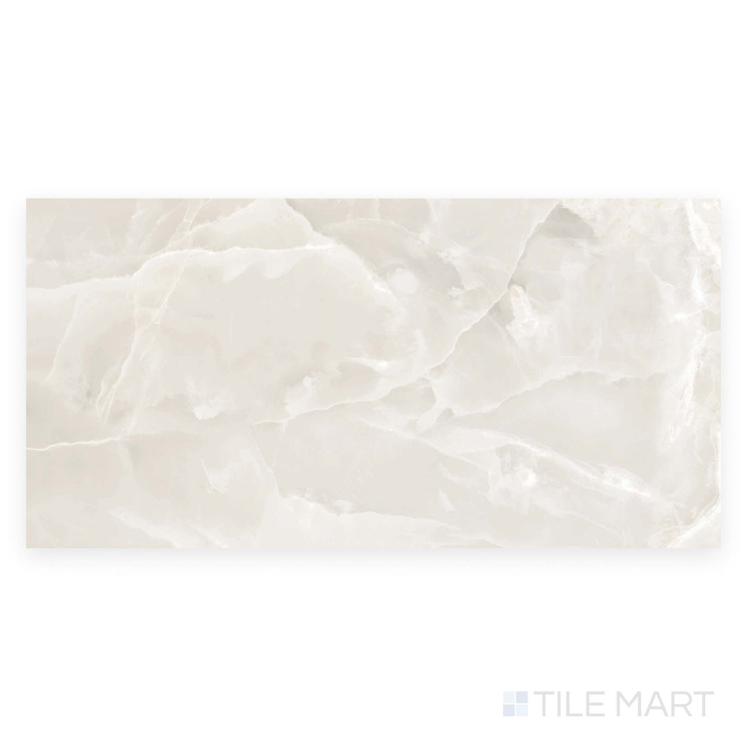 This image features a single Soller Onyx Marfil 24x48 polished porcelain tile from above, with creamy marble tones and a glossy polished finish.