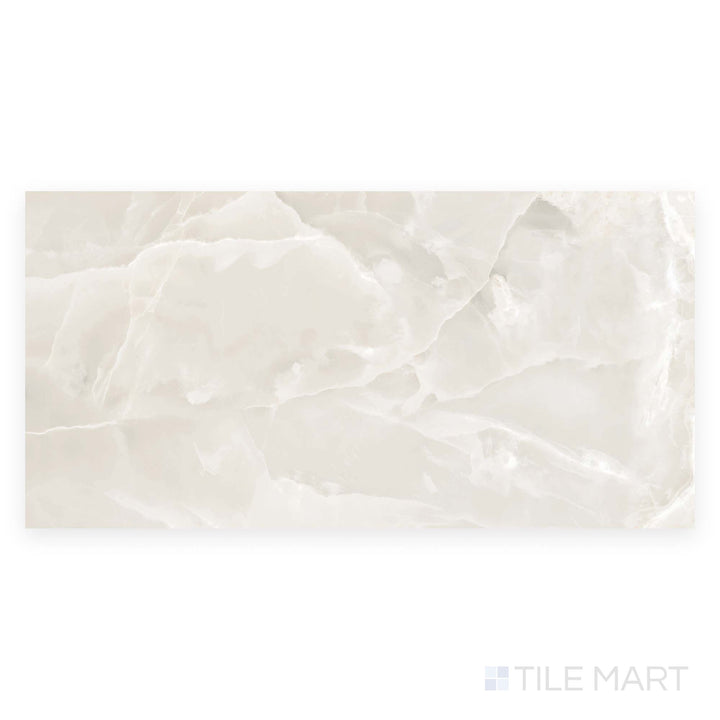 This image features a single Soller Onyx Marfil 24x48 polished porcelain tile from above, with creamy marble tones and a glossy polished finish.